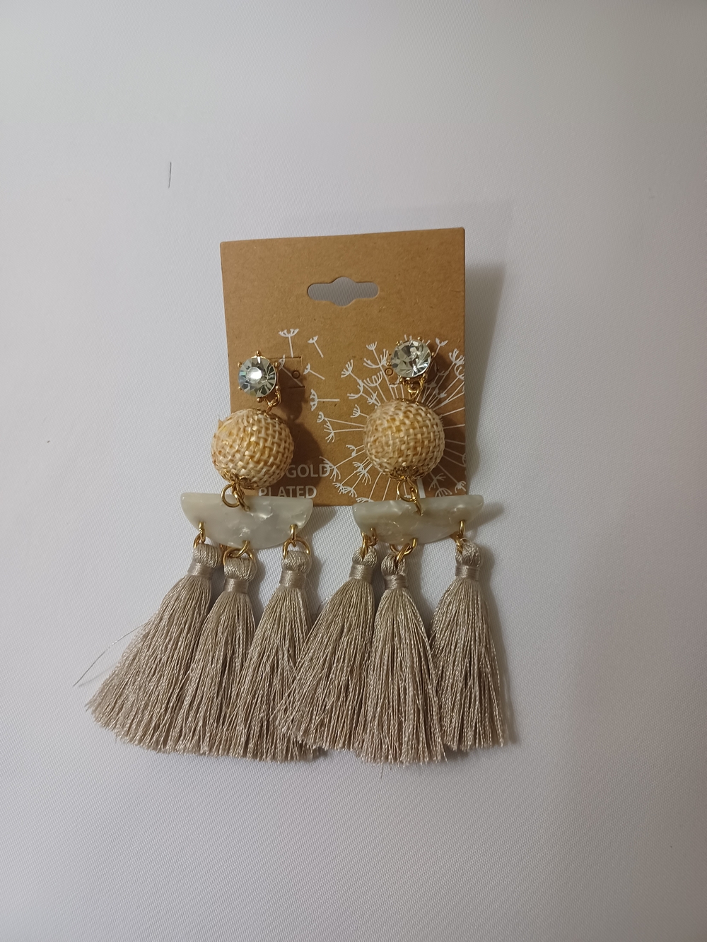 Neutral Beige Tassel Drop Earrings with Woven Bead Detail